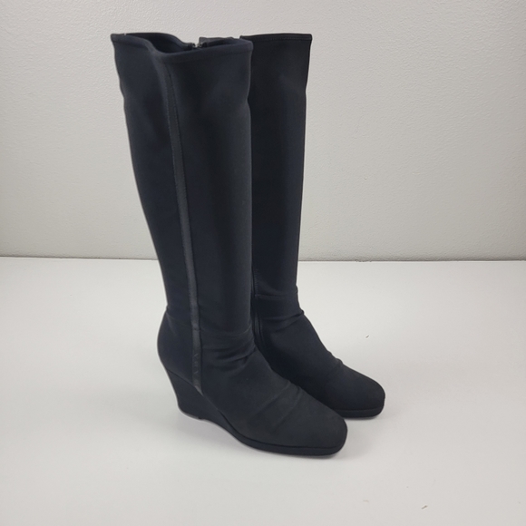 Prada Tessuto Nylon Sock Wedge Boots EU 40 US 10 Black Logo Spell Out - Picture 2 of 13